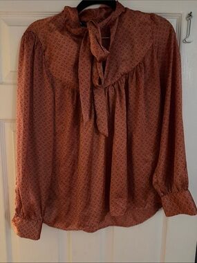 Zara Rust-Orange Tie-Neck Long Sleeve Blouse